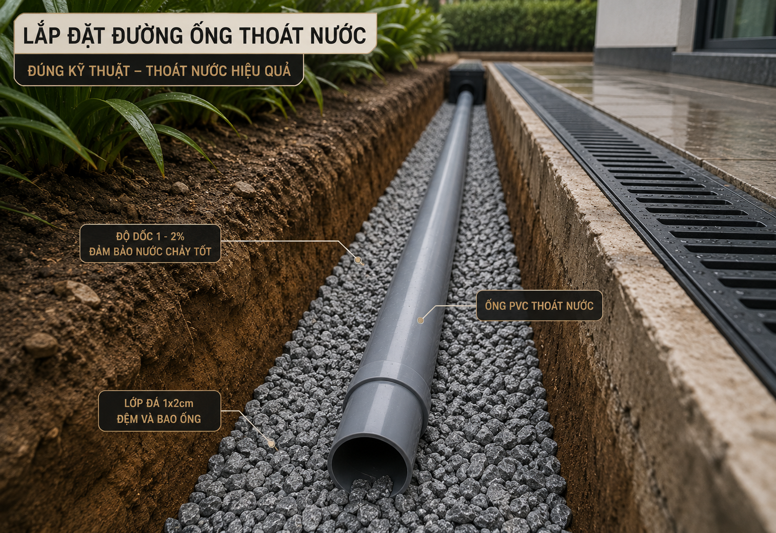 Thi công lắp đặt đường ống thoát nước dưới rãnh